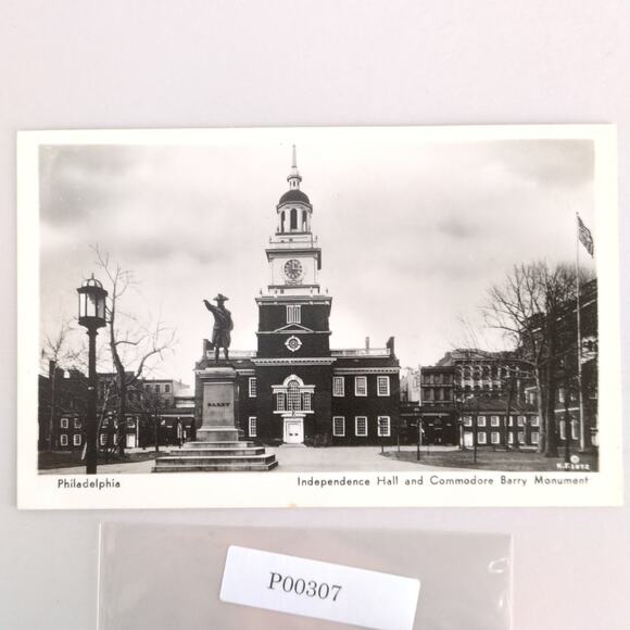 Vintage 1936 Real Photo Postcard Independence Hall & Commodore Barry Monument - Picture 1 of 2